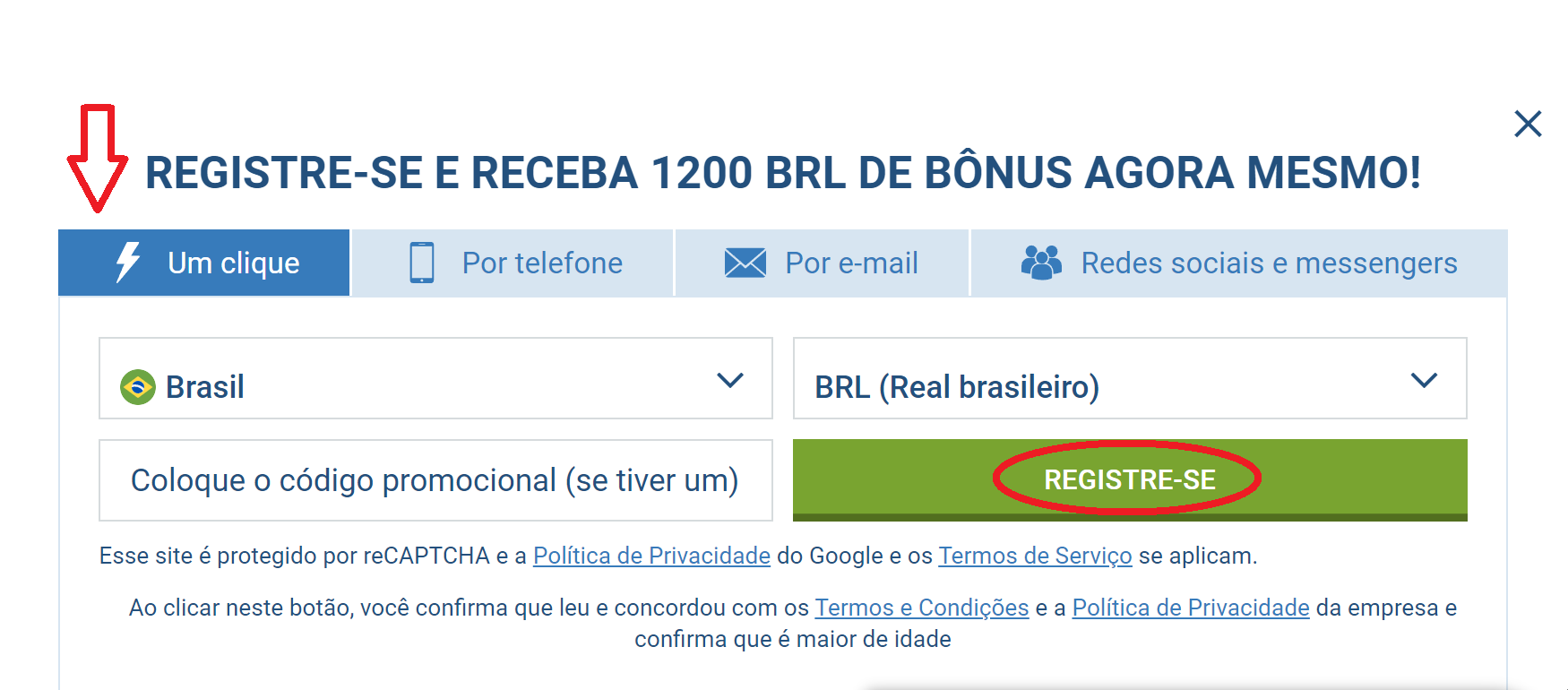 1xBet registo com um Clique